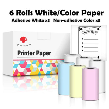 Pharmemo printer paper set with 6 rolls including adhesive and non-adhesive Thermal Label Printer Paper Rolls on a white background.