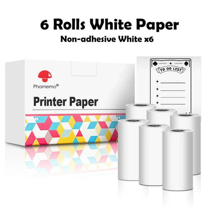 Six rolls of white Thermal Label Printer Paper Rolls with a box labeled 'Pharmemo Printer Paper' on a white background.