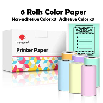 6 Color Thermal Label Printer Paper Rolls with a box labeled 'Pharmemo Printer Paper' on a white background