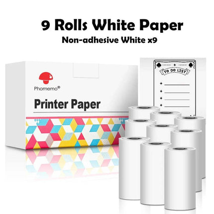 9 rolls of white Thermal Label Printer Paper Rolls with a box labeled 'Pharmemo Printer Paper' on a white background.