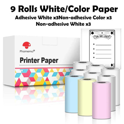 9 rolls of Thermal Label Printer Paper Rolls with a box labeled 'Pharmemo Printer Paper' on a white background.