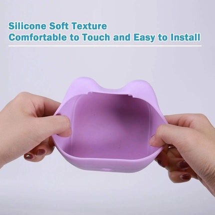 Purple silicone case cat for Thermal Label Printer Paper Rolls held by two hands with text about its texture and ease of installation.
