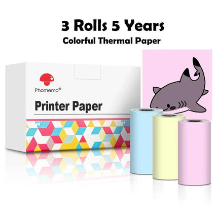 Three rolls of colorful Thermal Label Printer Paper Rolls with a box labeled 'Phanemo Printer Paper' on a white background.