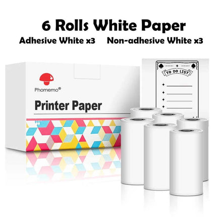 Pharmemo printer paper packaging with six Thermal Label Printer Paper Rolls of white paper on a white background