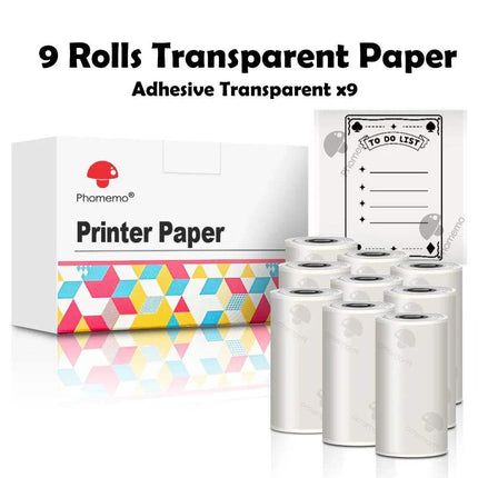 9 rolls of transparent Thermal Label Printer Paper Rolls with a Phar meno printer paper box on a white background