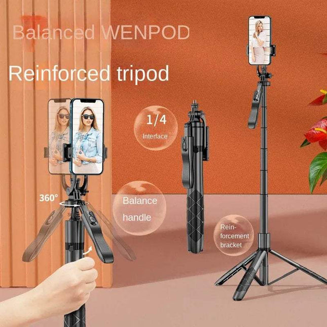 L16 Selfie Stick & Tripod Compact Bluetooth Photography Companion with smartphone holder on an orange background