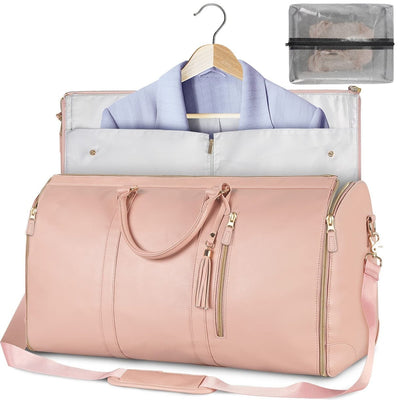 Women Large PU Folding Suit Storage Bag with clothes and a clear pouch on a white background