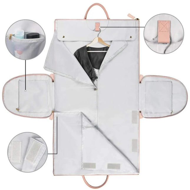 Women Large PU Folding Suit Storage Bag open with pink handles and details, showing interior compartments and a hanger.