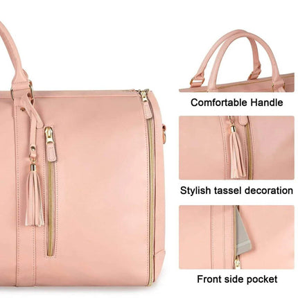 Women Large PU Folding Suit Storage Bag pink with handle, tassel decoration, and front side pocket on a white background.