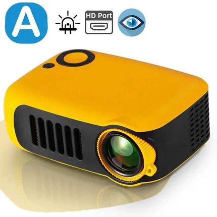 Yellow and black A2000 Mini LED Projector with icons indicating features on a white background
