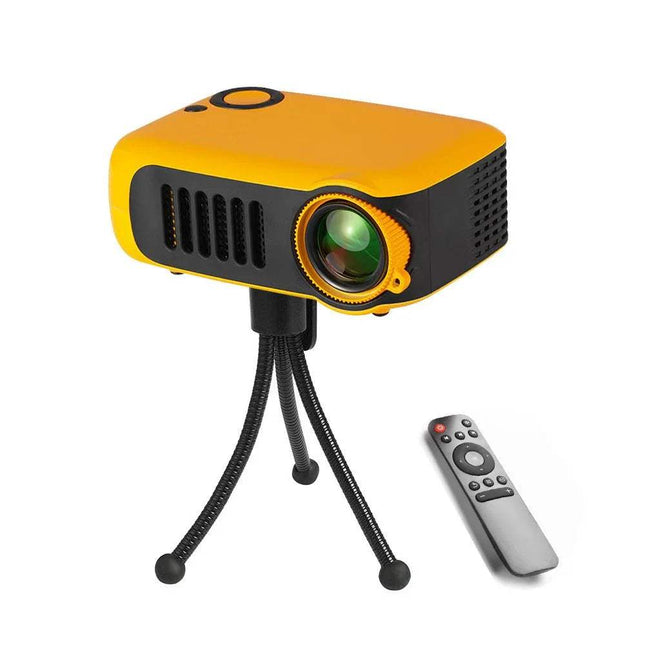 Yellow and black A2000 Mini LED Projector with a tripod and remote control on a white background