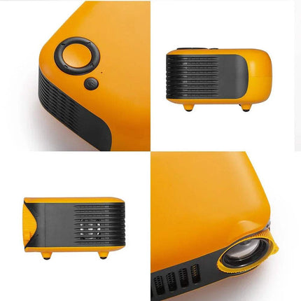 Yellow and black A2000 Mini LED Projector shown from multiple angles on a white background