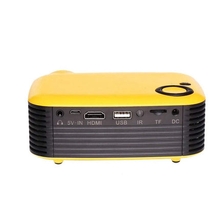 Yellow and black A2000 Mini LED Projector with ports on a white background