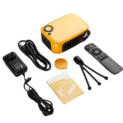 Yellow portable A2000 Mini LED Projector with accessories on a white background