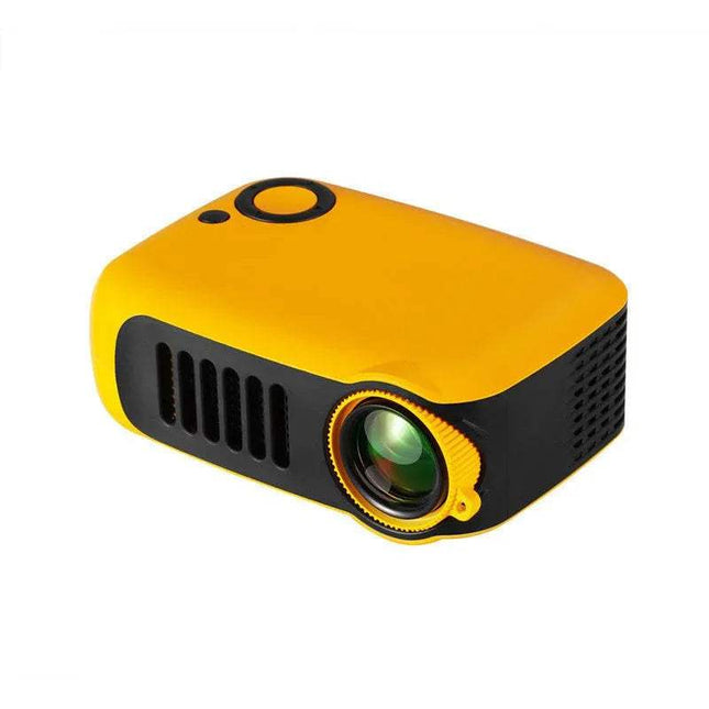 Yellow and black A2000 Mini LED Projector on a white background