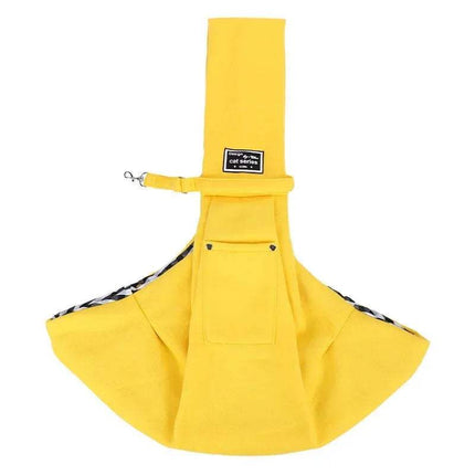 Crossbody Shoulder Bag for small pets and cats in bright yellow color with adjustable strap and pockets.