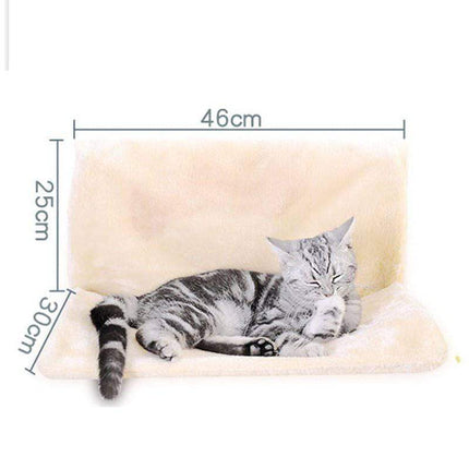 Cat lying on a beige Cat Hanging Bed Plush Orthopedic Perch with dimensions indicated
