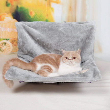 Cat lounging on a gray Cat Hanging Bed Plush Orthopedic Perch with a colorful background