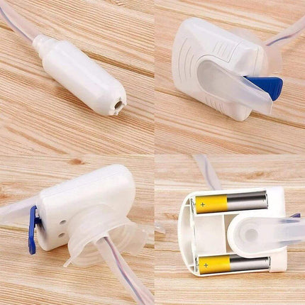 Electric Milk Dispenser. Collage of a white electronic device with blue accents on a wooden surface