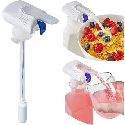 Electric Milk Dispenser being used to pour milk into a bowl of cereal and a glass.