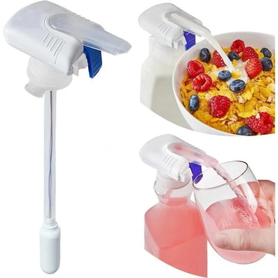 Electric Milk Dispenser being used to pour milk into a bowl of cereal and a glass.