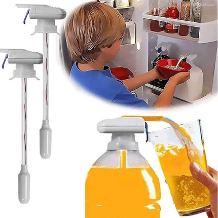 Electric Milk Dispenser. Collage of a child using a toy kitchen set, a bottle with a pump, and a glass of orange juice.