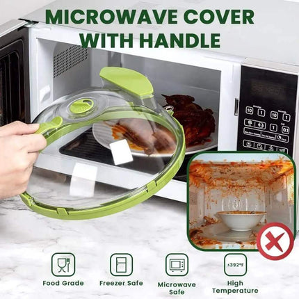 Microwave Food Cover with handle being held above a microwave with food inside, showing before and after effects.