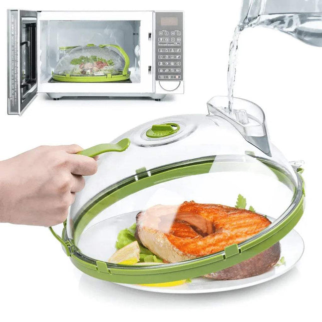 Microwave Food Cover with salmon dish inside, placed in front of a microwave.