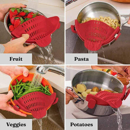 Red Universal Silicone Strainer Clip being used to drain fruits, pasta, vegetables, and potatoes.