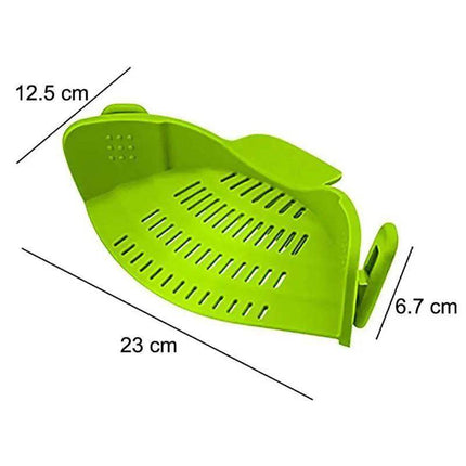 Green Universal Silicone Strainer Clip with dimensions labeled on a white background